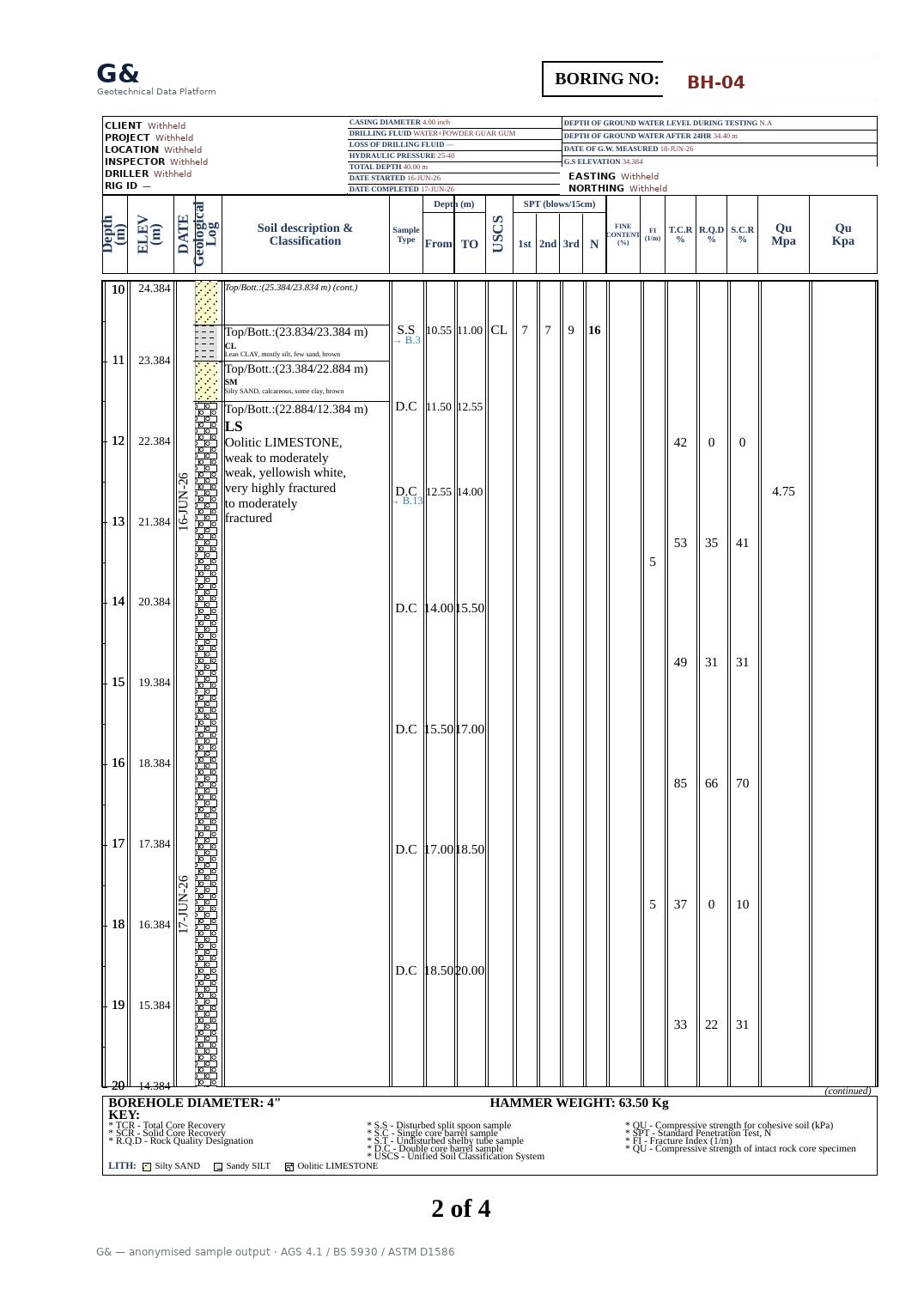 Borehole log — rock coring and recovery — anonymised G& output rendered to BS 5930 · ASTM D6032 · Eurocode 7 · AGS 4.1